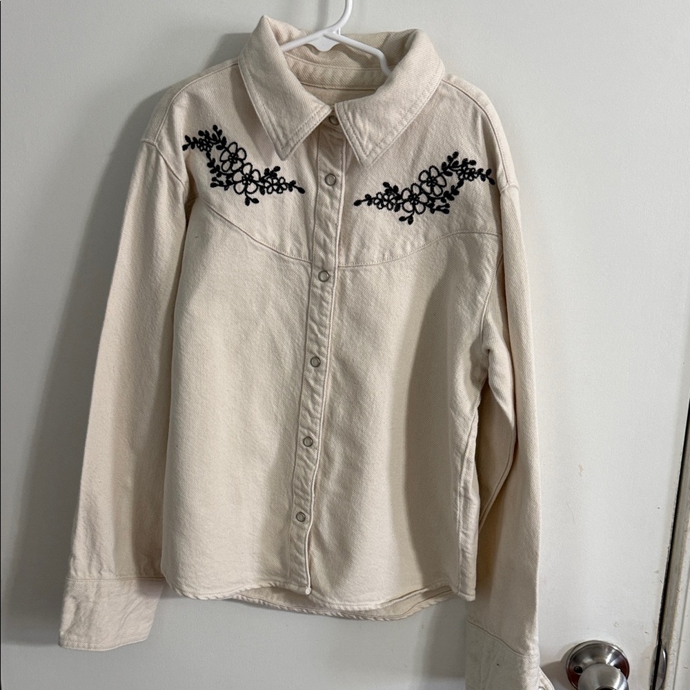 Zara Girl  Cream Button-Front Jean Jacket with Black Embroidery